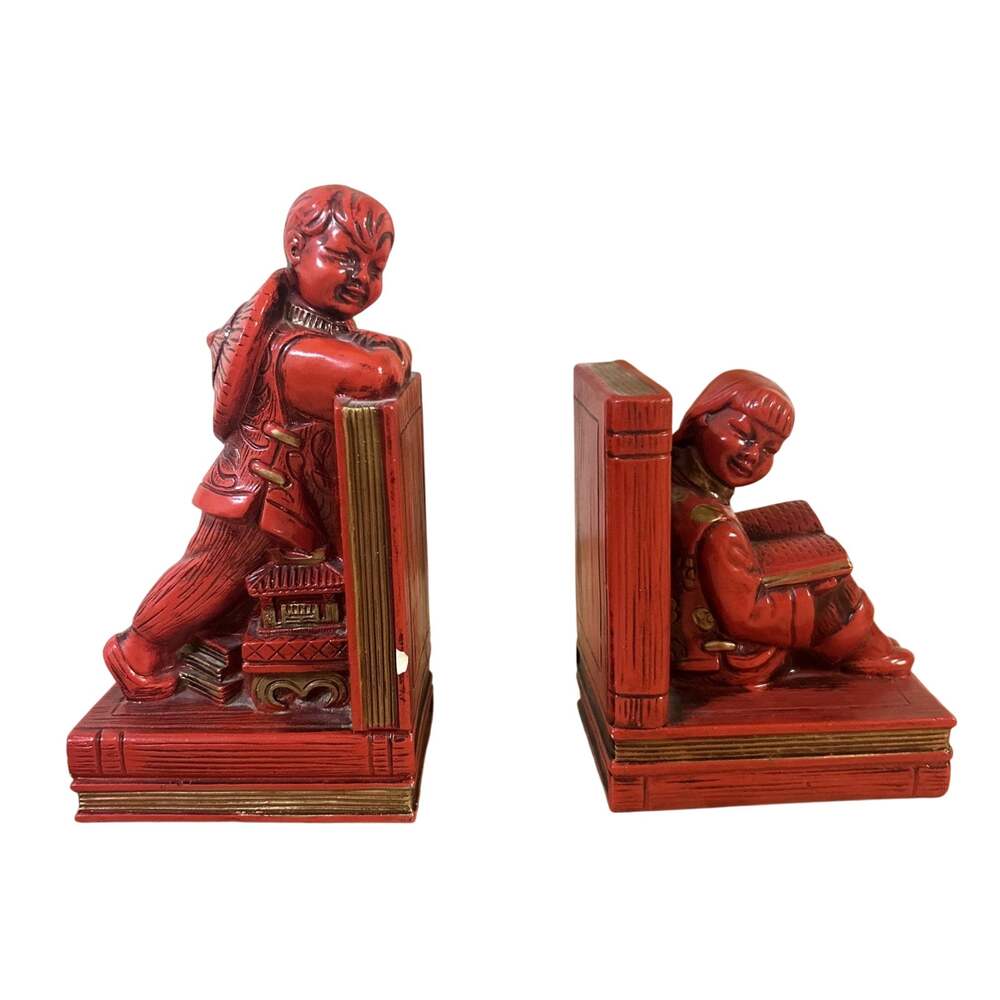 Vintage MCM Universal Statuary Corp Chicago Asian Boy Girl Red Book Ends 1964